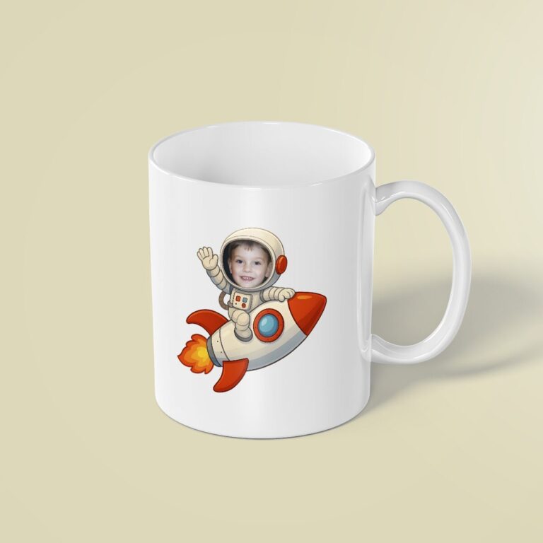 Custom Astronaut Riding Cream Space Suit Face Cutout – Mug Custom Astronaut Riding Cream Space Suit Face Cutout shown on a mug mockup