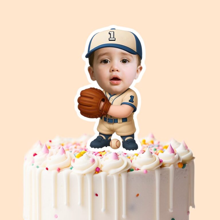 Custom Number 1 Young Baseball Fielder Face Cutout – Cake Topper Custom Number 1 Young Baseball Fielder Face Cutout shown on a cake topper mockup