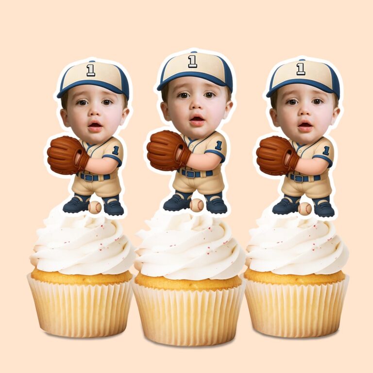 Custom Number 1 Young Baseball Fielder Face Cutout – Cupcake Topper Custom Number 1 Young Baseball Fielder Face Cutout shown on a cupcake topper mockup