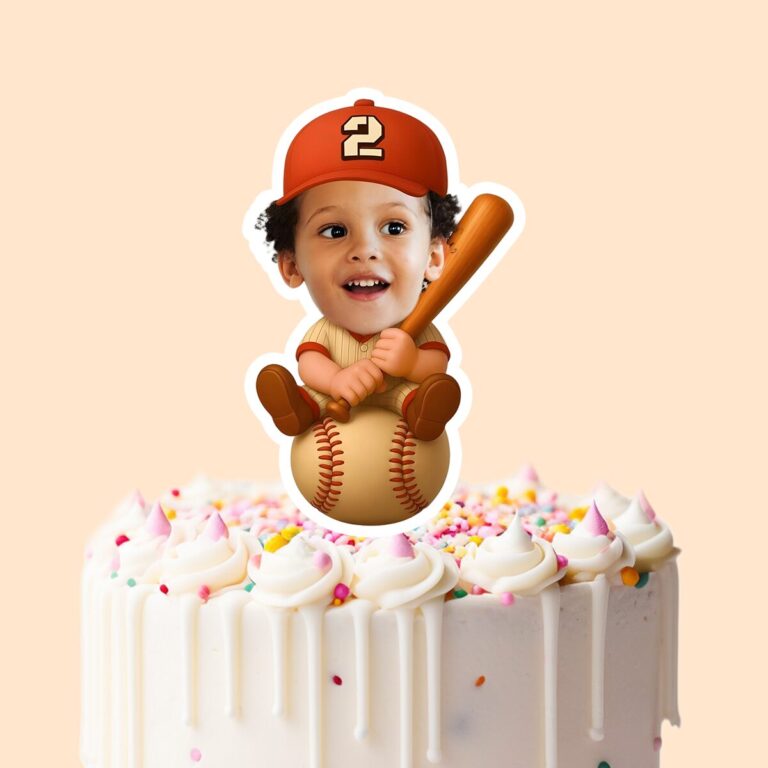 Custom Number 2 Child Seated on a Baseball Face Cutout – Cake Topper Custom Number 2 Child Seated on a Baseball Face Cutout shown on a cake topper mockup
