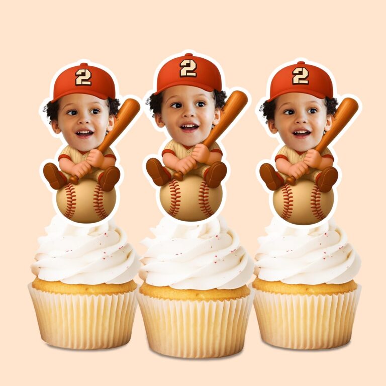 Custom Number 2 Child Seated on a Baseball Face Cutout – Cupcake Topper Custom Number 2 Child Seated on a Baseball Face Cutout shown on a cupcake topper mockup