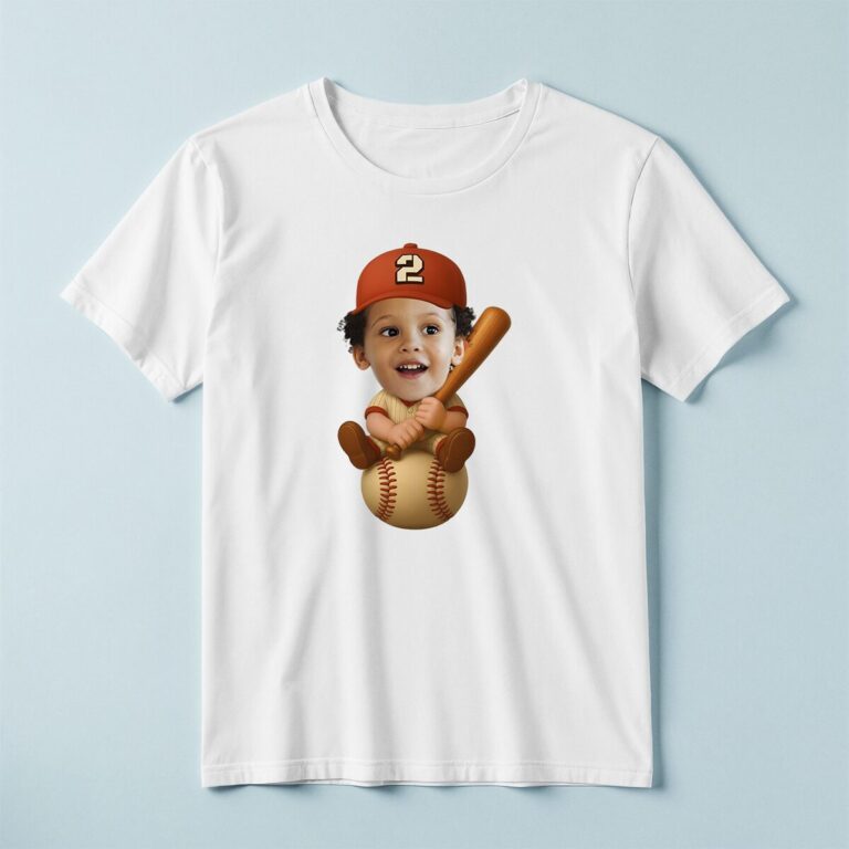 Custom Number 2 Child Seated on a Baseball Face Cutout – T-shirt Custom Number 2 Child Seated on a Baseball Face Cutout shown on a T-shirt mockup