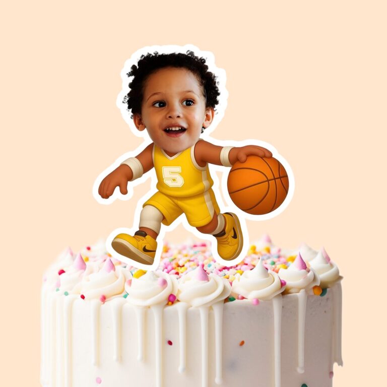 Custom Yellow Number 5 Basketball Dribbler Face Cutout – Cake Topper Custom Yellow Number 5 Basketball Dribbler Face Cutout shown on a cake topper mockup