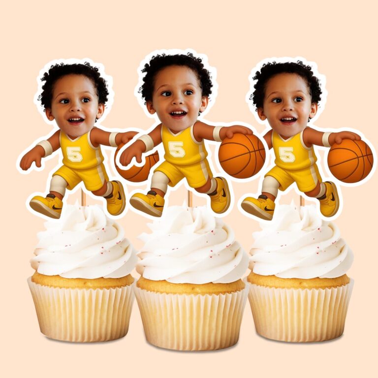 Custom Yellow Number 5 Basketball Dribbler Face Cutout – Cupcake Topper Custom Yellow Number 5 Basketball Dribbler Face Cutout shown on a cupcake topper mockup