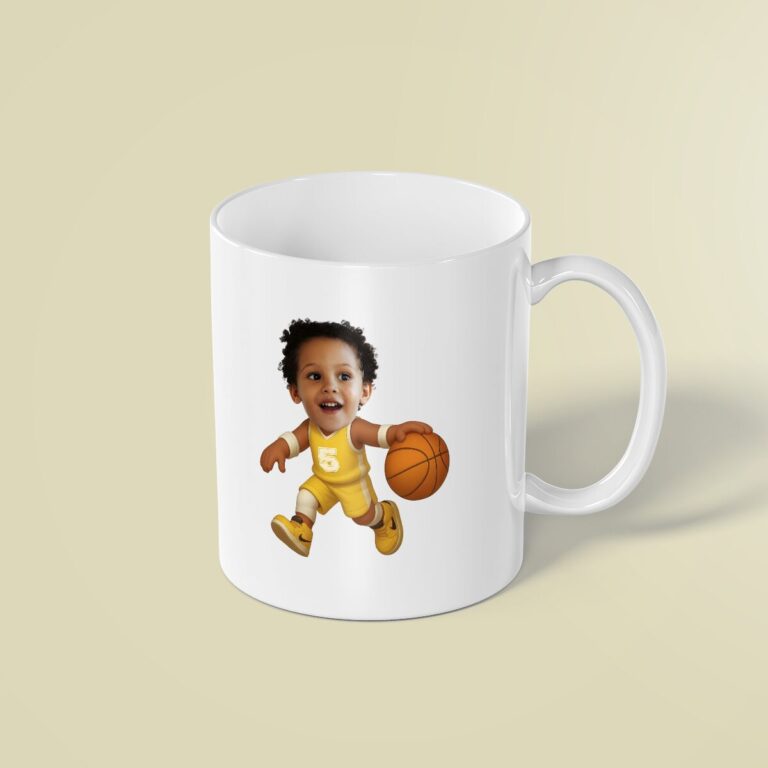 Custom Yellow Number 5 Basketball Dribbler Face Cutout – Mug Custom Yellow Number 5 Basketball Dribbler Face Cutout shown on a mug mockup
