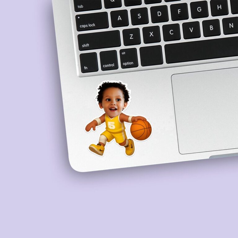 Custom Yellow Number 5 Basketball Dribbler Face Cutout – Sticker Custom Yellow Number 5 Basketball Dribbler Face Cutout shown on a sticker mockup