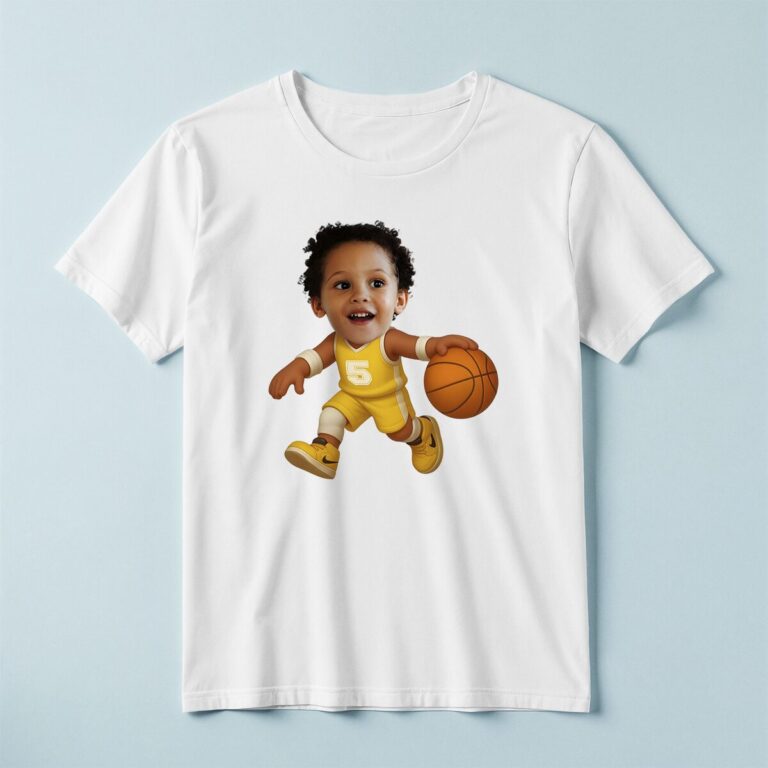 Custom Yellow Number 5 Basketball Dribbler Face Cutout – T-shirt Custom Yellow Number 5 Basketball Dribbler Face Cutout shown on a T-shirt mockup