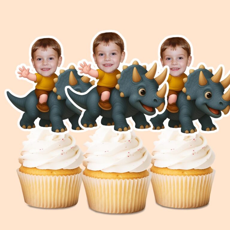 Custom Gray Horned Dinosaur Rider Mustard Shirt Face Cutout – Cupcake Topper Custom Gray Horned Dinosaur Rider Mustard Shirt Face Cutout shown on a cupcake topper mockup