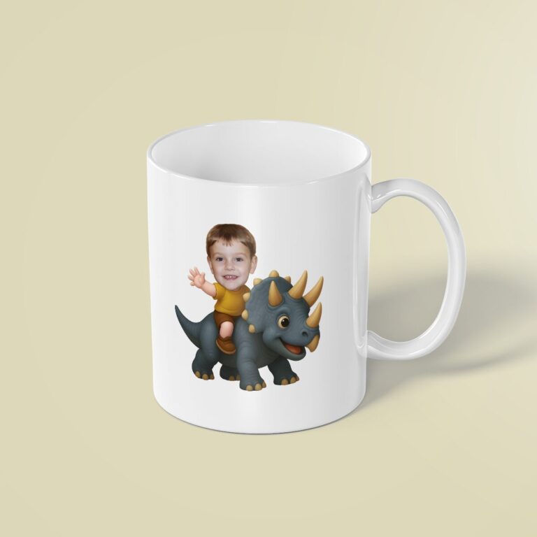 Custom Gray Horned Dinosaur Rider Mustard Shirt Face Cutout – Mug Custom Gray Horned Dinosaur Rider Mustard Shirt Face Cutout shown on a mug mockup