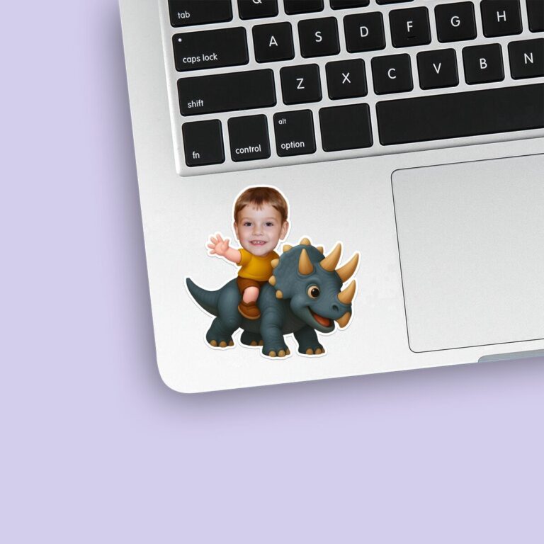 Custom Gray Horned Dinosaur Rider Mustard Shirt Face Cutout – Sticker Custom Gray Horned Dinosaur Rider Mustard Shirt Face Cutout shown on a sticker mockup