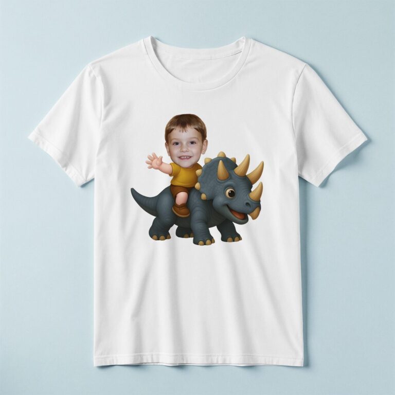 Custom Gray Horned Dinosaur Rider Mustard Shirt Face Cutout – T-shirt Custom Gray Horned Dinosaur Rider Mustard Shirt Face Cutout shown on a T-shirt mockup