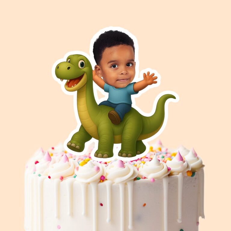 Custom Rider on a Green Long-Neck Dinosaur Face Cutout – Cake Topper Custom Rider on a Green Long-Neck Dinosaur Face Cutout shown on a cake topper mockup