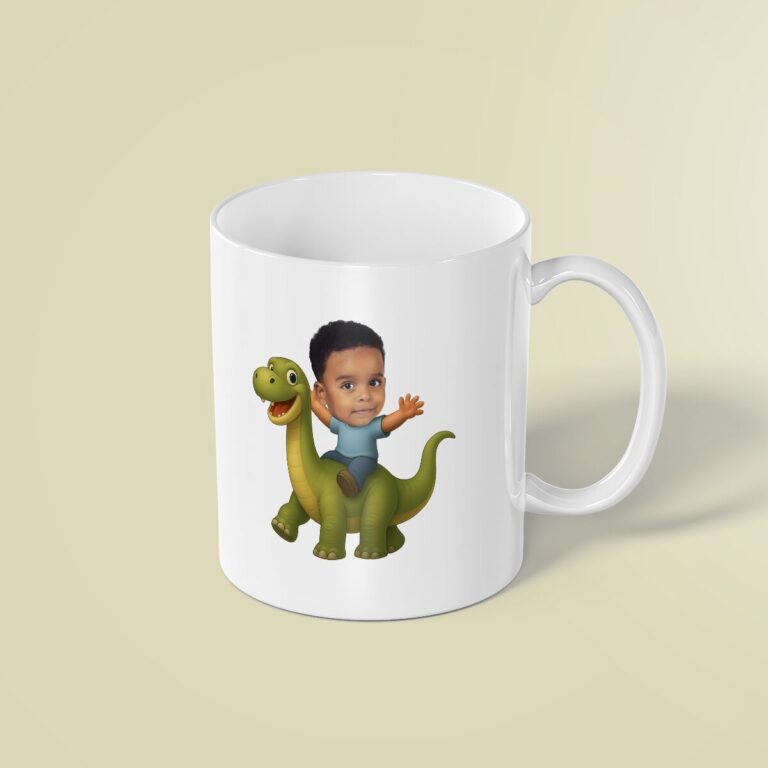 Custom Rider on a Green Long-Neck Dinosaur Face Cutout – Mug Custom Rider on a Green Long-Neck Dinosaur Face Cutout shown on a mug mockup