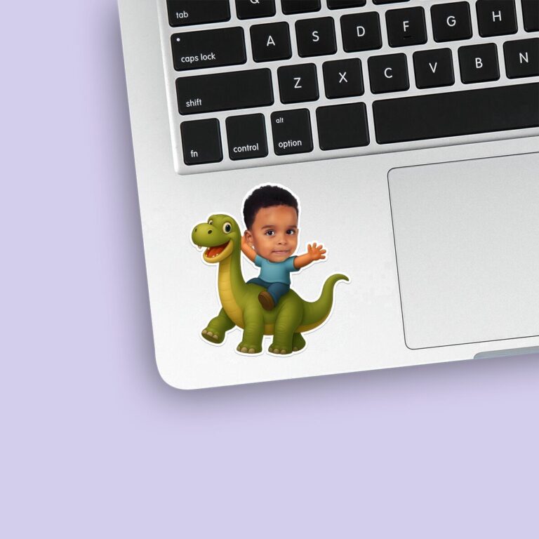 Custom Rider on a Green Long-Neck Dinosaur Face Cutout – Sticker Custom Rider on a Green Long-Neck Dinosaur Face Cutout shown on a sticker mockup