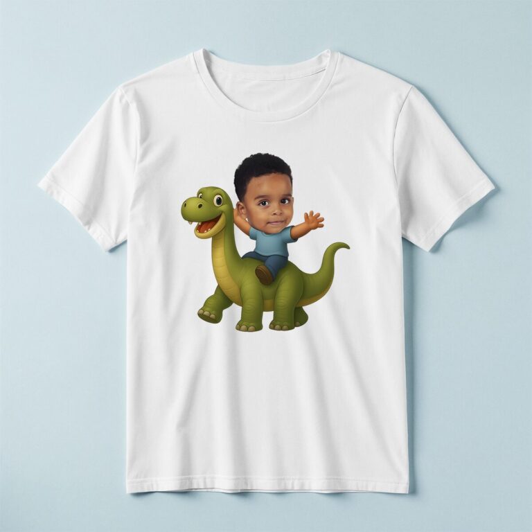 Custom Rider on a Green Long-Neck Dinosaur Face Cutout – T-shirt Custom Rider on a Green Long-Neck Dinosaur Face Cutout shown on a T-shirt mockup