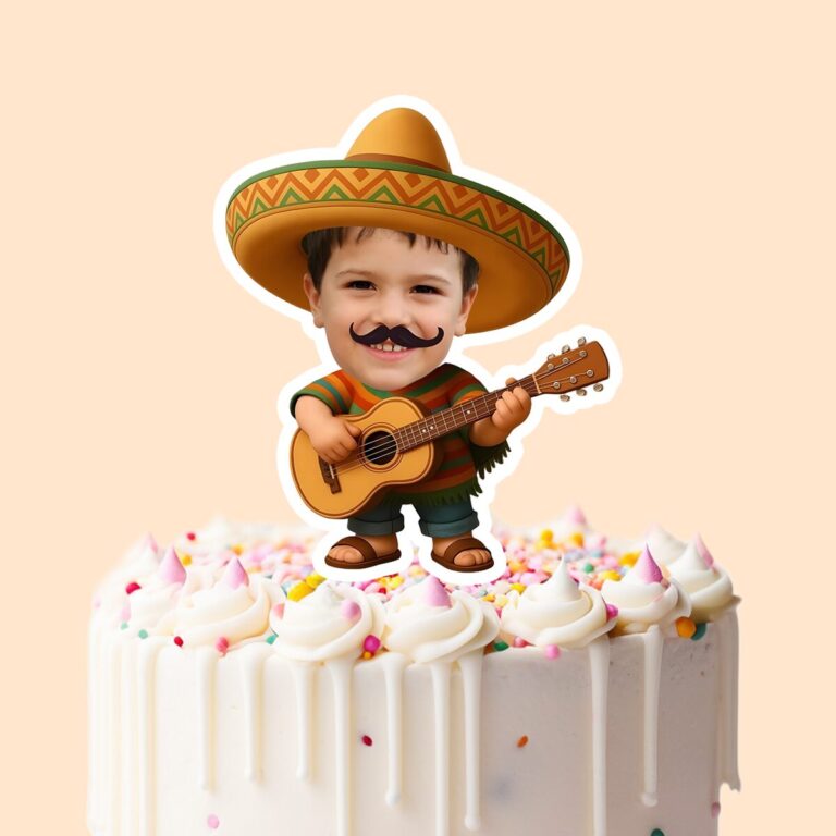 Custom Mariachi Musician with Guitar Face Cutout – Cake Topper Custom Mariachi Musician with Guitar Face Cutout shown on a cake topper mockup