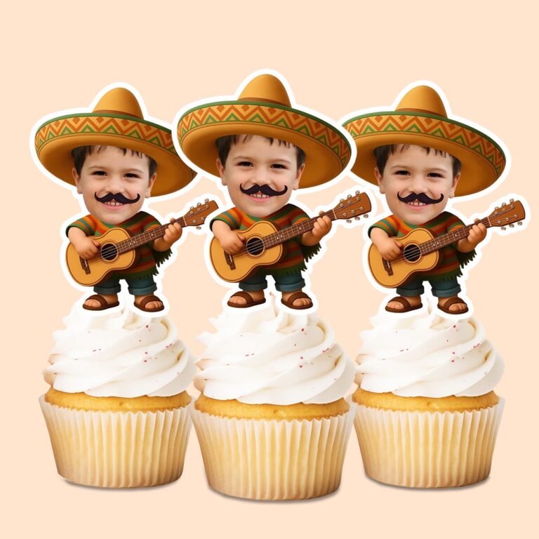 Custom Mariachi Musician with Guitar Face Cutout – Cupcake Topper Custom Mariachi Musician with Guitar Face Cutout shown on a cupcake topper mockup