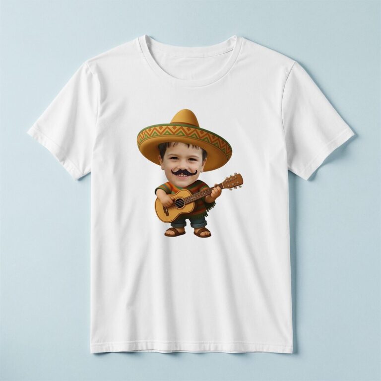 Custom Mariachi Musician with Guitar Face Cutout – T-shirt Custom Mariachi Musician with Guitar Face Cutout shown on a T-shirt mockup