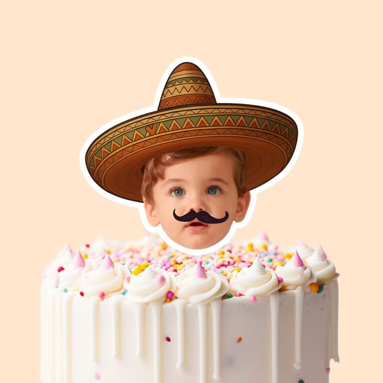 Custom Sombrero Portrait with Mustache Face Cutout – Cake Topper Custom Sombrero Portrait with Mustache Face Cutout shown on a cake topper mockup