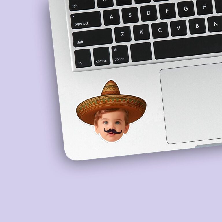 Custom Sombrero Portrait with Mustache Face Cutout – Sticker Custom Sombrero Portrait with Mustache Face Cutout shown on a sticker mockup