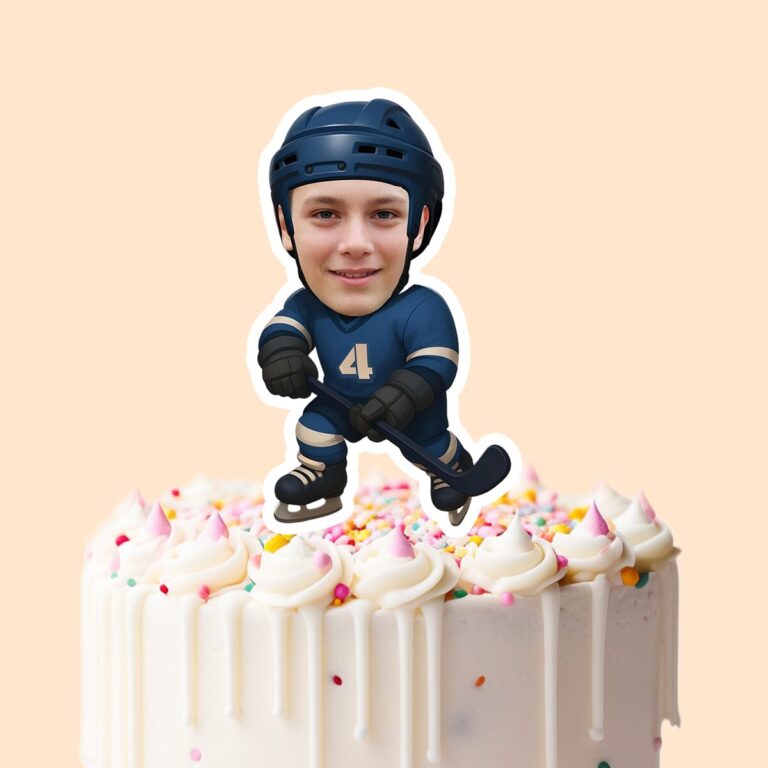 Custom Navy Number 4 Hockey Skater Face Cutout – Cake Topper Custom Navy Number 4 Hockey Skater Face Cutout shown on a cake topper mockup