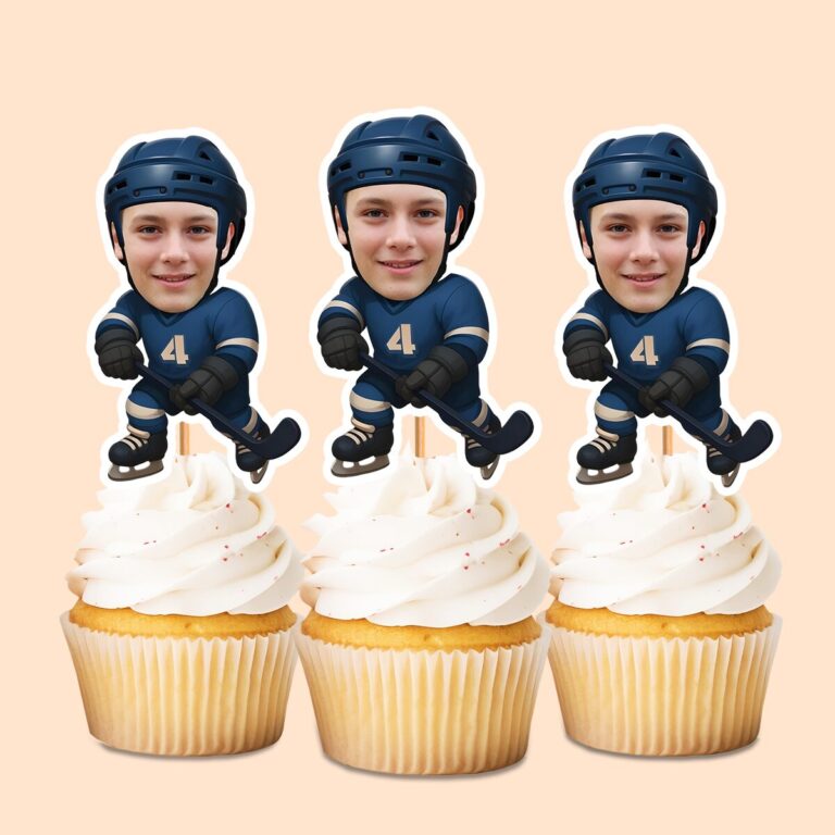Custom Navy Number 4 Hockey Skater Face Cutout – Cupcake Topper Custom Navy Number 4 Hockey Skater Face Cutout shown on a cupcake topper mockup