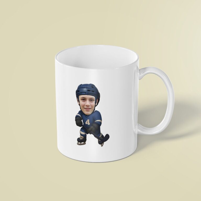 Custom Navy Number 4 Hockey Skater Face Cutout – Mug Custom Navy Number 4 Hockey Skater Face Cutout shown on a mug mockup