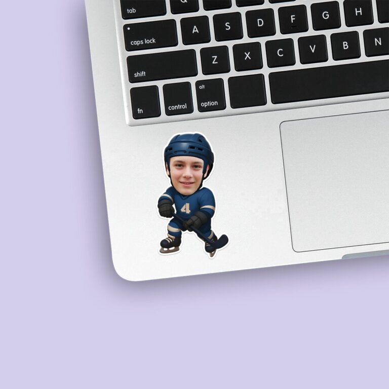 Custom Navy Number 4 Hockey Skater Face Cutout – Sticker Custom Navy Number 4 Hockey Skater Face Cutout shown on a sticker mockup