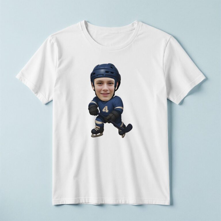 Custom Navy Number 4 Hockey Skater Face Cutout – T-shirt Custom Navy Number 4 Hockey Skater Face Cutout shown on a T-shirt mockup