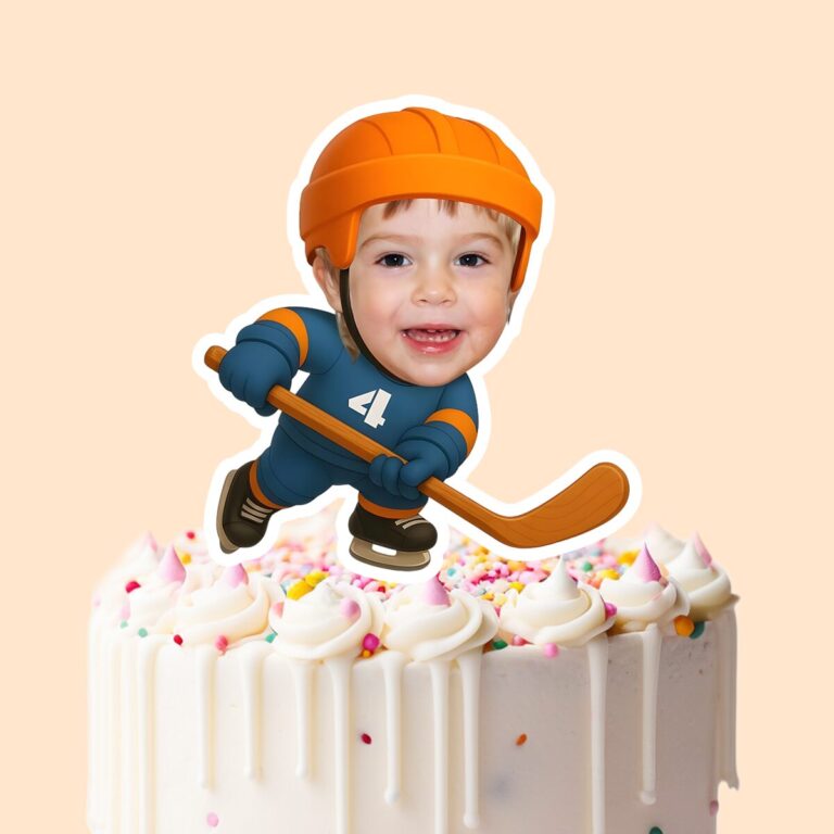 Custom Blue-And-Orange Number 4 Hockey Skater Face Cutout – Cake Topper Custom Blue-And-Orange Number 4 Hockey Skater Face Cutout shown on a cake topper mockup