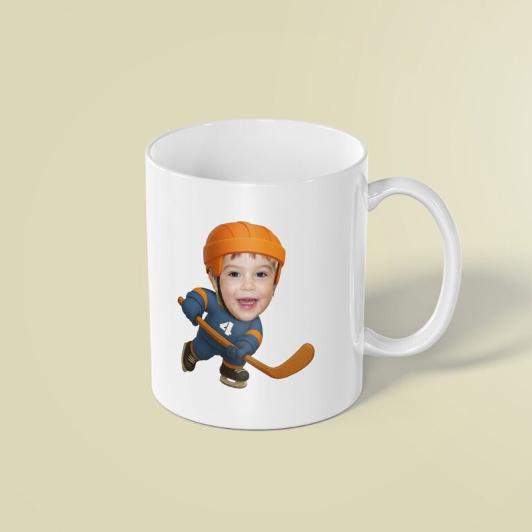 Custom Blue-And-Orange Number 4 Hockey Skater Face Cutout – Mug Custom Blue-And-Orange Number 4 Hockey Skater Face Cutout shown on a mug mockup