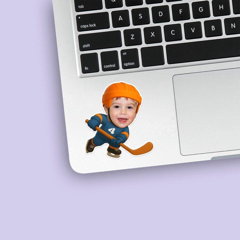Custom Blue-And-Orange Number 4 Hockey Skater Face Cutout – Sticker Custom Blue-And-Orange Number 4 Hockey Skater Face Cutout shown on a sticker mockup