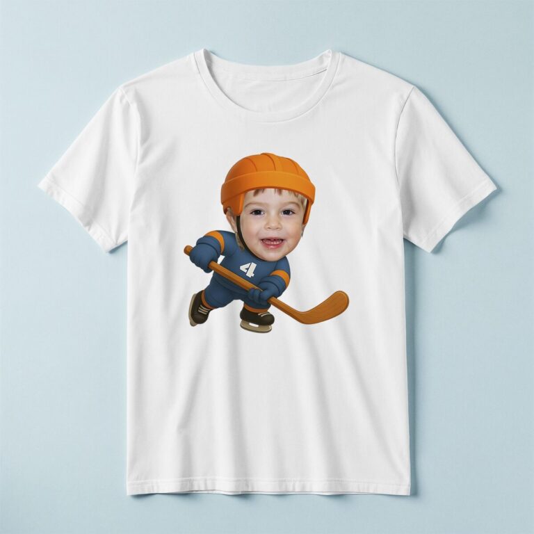 Custom Blue-And-Orange Number 4 Hockey Skater Face Cutout – T-shirt Custom Blue-And-Orange Number 4 Hockey Skater Face Cutout shown on a T-shirt mockup