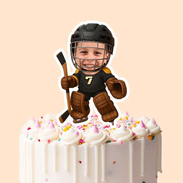 Custom Black Number 7 Hockey Goalie Face Cutout – Cake Topper Custom Black Number 7 Hockey Goalie Face Cutout shown on a cake topper mockup