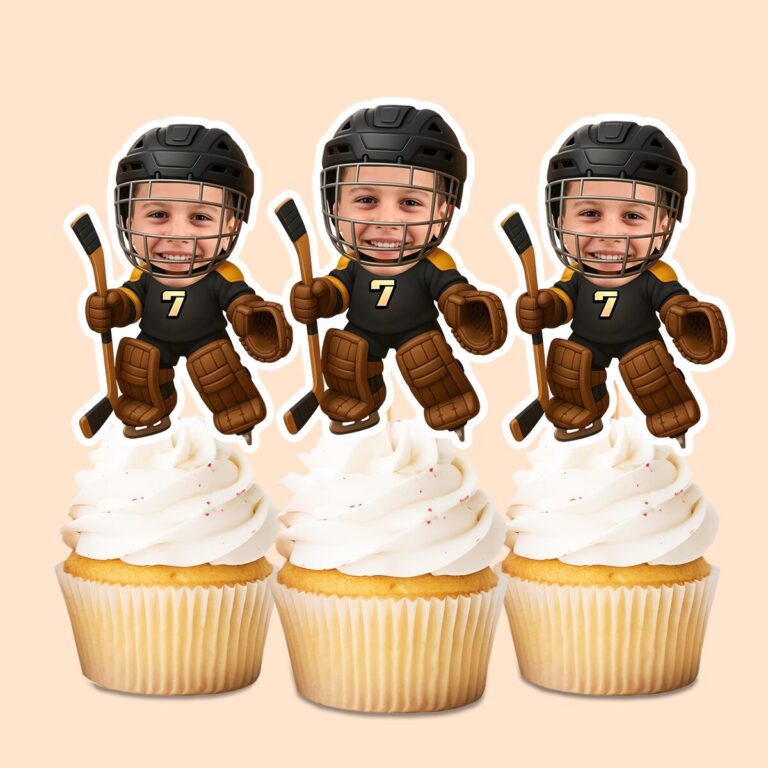 Custom Black Number 7 Hockey Goalie Face Cutout – Cupcake Topper Custom Black Number 7 Hockey Goalie Face Cutout shown on a cupcake topper mockup