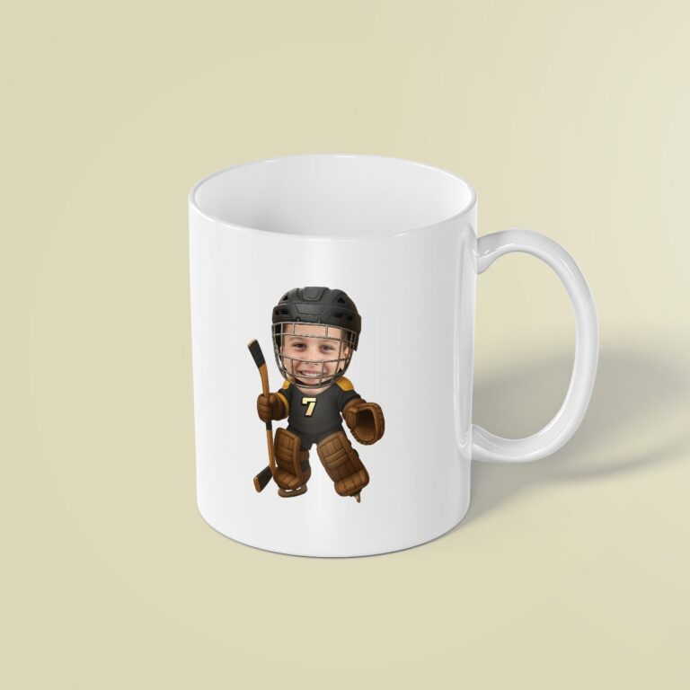 Custom Black Number 7 Hockey Goalie Face Cutout – Mug Custom Black Number 7 Hockey Goalie Face Cutout shown on a mug mockup