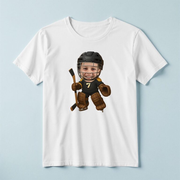 Custom Black Number 7 Hockey Goalie Face Cutout – T-shirt Custom Black Number 7 Hockey Goalie Face Cutout shown on a T-shirt mockup