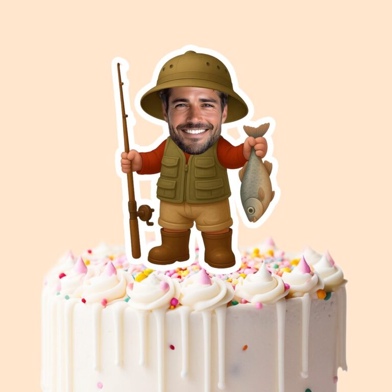Custom Angler Showing a Caught Fish Face Cutout – Cake Topper Custom Angler Showing a Caught Fish Face Cutout shown on a cake topper mockup