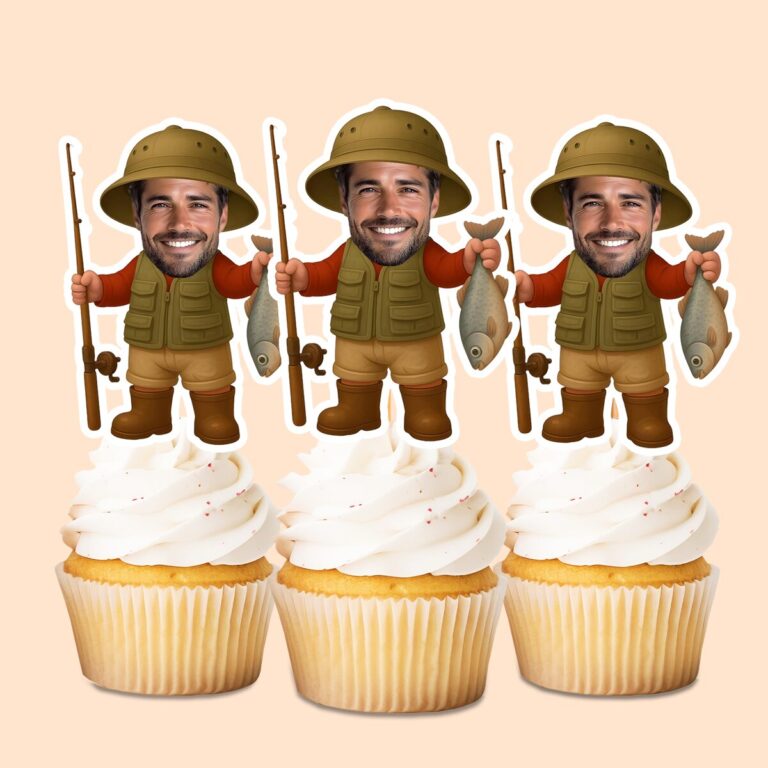 Custom Angler Showing a Caught Fish Face Cutout – Cupcake Topper Custom Angler Showing a Caught Fish Face Cutout shown on a cupcake topper mockup