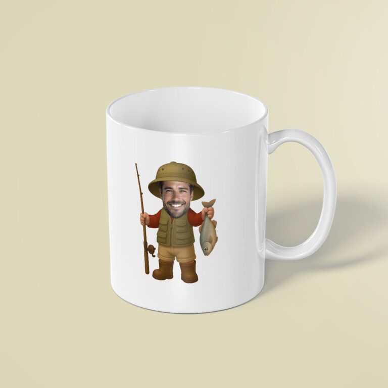 Custom Angler Showing a Caught Fish Face Cutout – Mug Custom Angler Showing a Caught Fish Face Cutout shown on a mug mockup