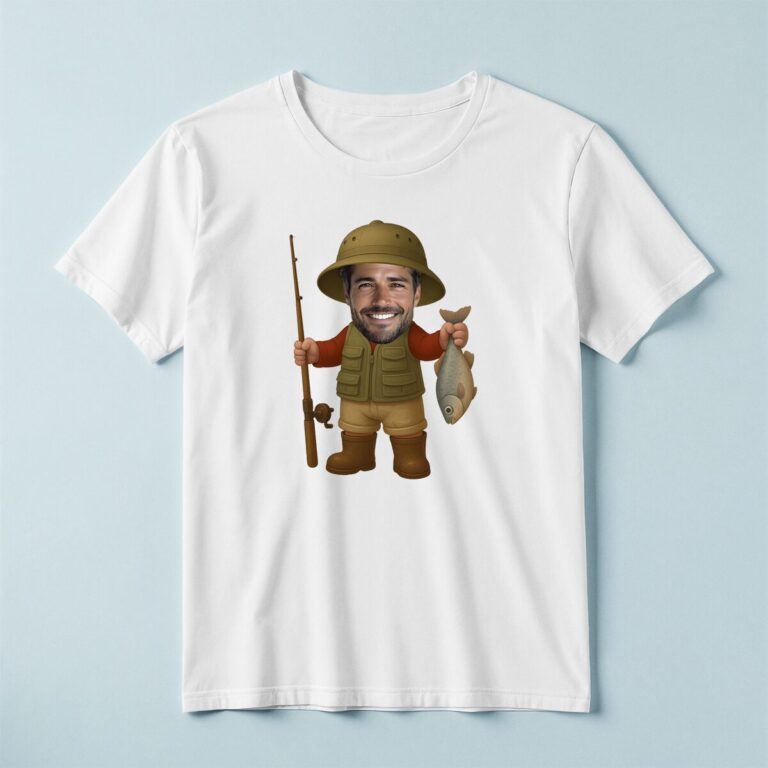 Custom Angler Showing a Caught Fish Face Cutout – T-shirt Custom Angler Showing a Caught Fish Face Cutout shown on a T-shirt mockup