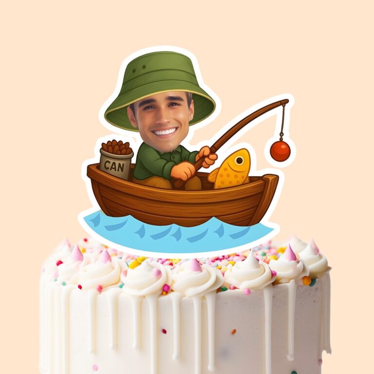 Custom Angler Fishing from a Boat Face Cutout – Cake Topper Custom Angler Fishing from a Boat Face Cutout shown on a cake topper mockup