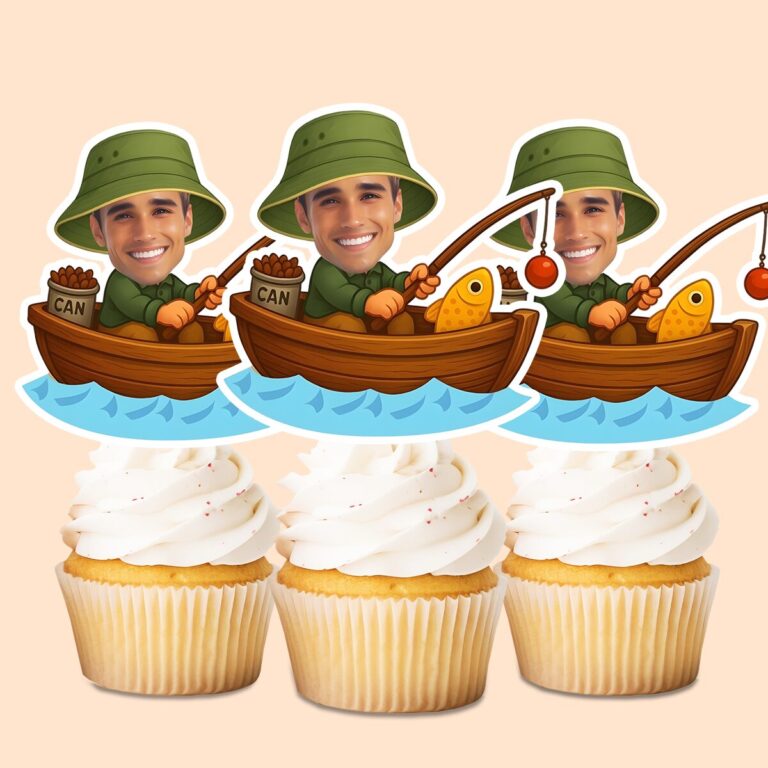 Custom Angler Fishing from a Boat Face Cutout – Cupcake Topper Custom Angler Fishing from a Boat Face Cutout shown on a cupcake topper mockup