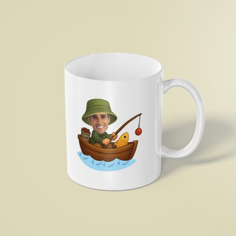 Custom Angler Fishing from a Boat Face Cutout – Mug Custom Angler Fishing from a Boat Face Cutout shown on a mug mockup
