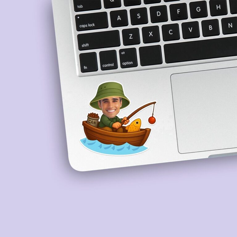 Custom Angler Fishing from a Boat Face Cutout – Sticker Custom Angler Fishing from a Boat Face Cutout shown on a sticker mockup