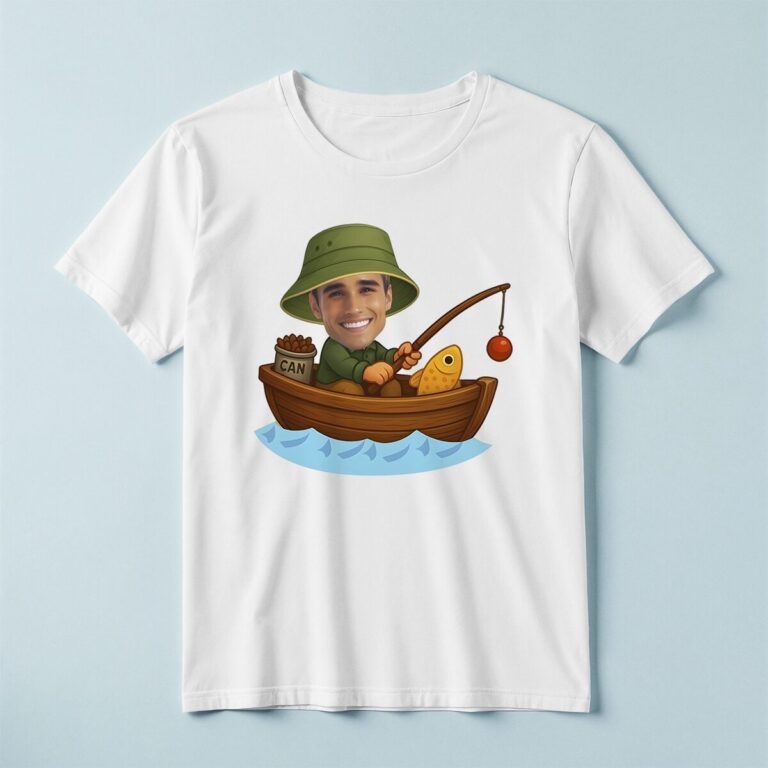 Custom Angler Fishing from a Boat Face Cutout – T-shirt Custom Angler Fishing from a Boat Face Cutout shown on a T-shirt mockup