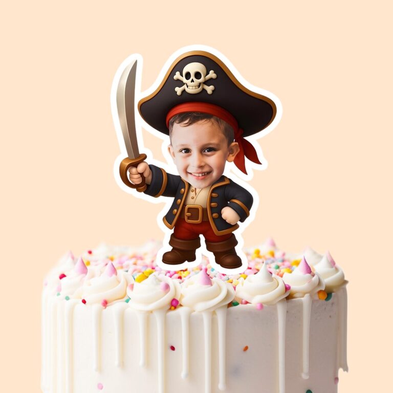 Custom Pirate Captain with Sword Face Cutout – Cake Topper Custom Pirate Captain with Sword Face Cutout shown on a cake topper mockup