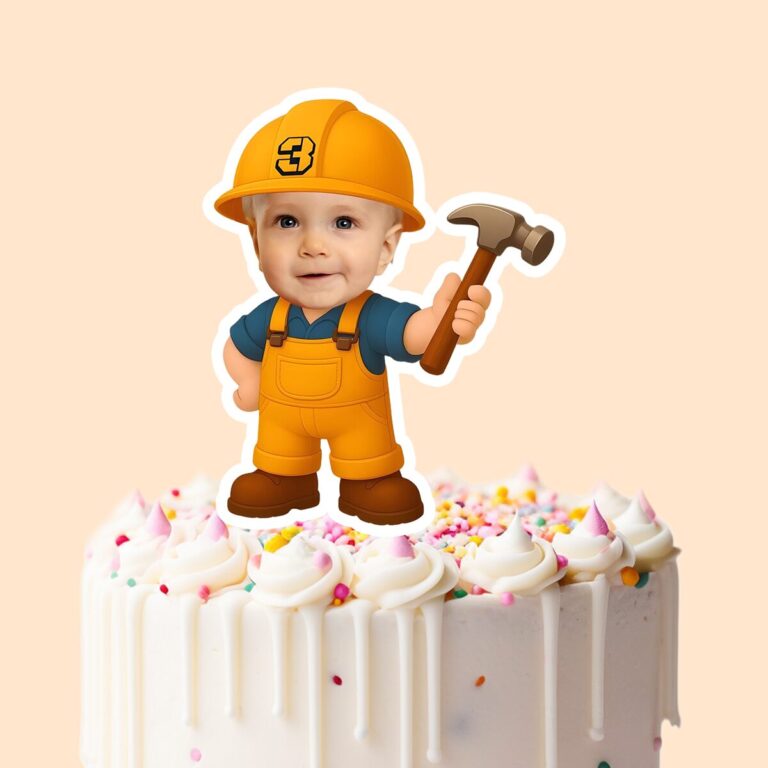 Custom Number 3 Builder Holding a Hammer Face Cutout – Cake Topper Custom Number 3 Builder Holding a Hammer Face Cutout shown on a cake topper mockup