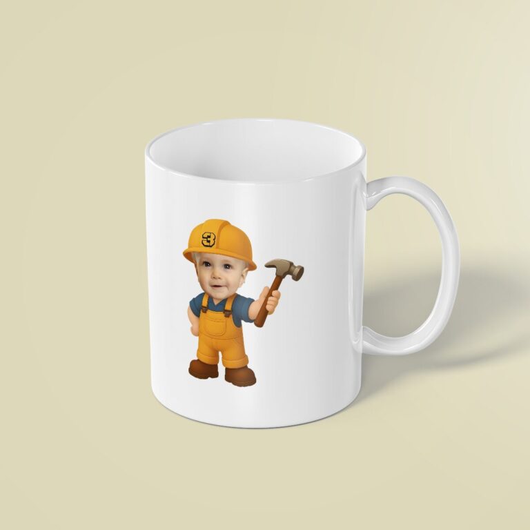 Custom Number 3 Builder Holding a Hammer Face Cutout – Mug Custom Number 3 Builder Holding a Hammer Face Cutout shown on a mug mockup