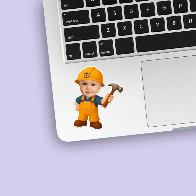 Custom Number 3 Builder Holding a Hammer Face Cutout – Sticker Custom Number 3 Builder Holding a Hammer Face Cutout shown on a sticker mockup
